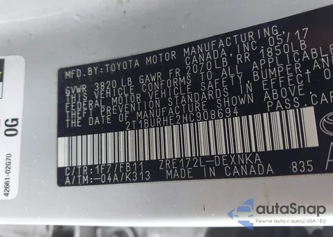 2017 Toyota Corolla Le z USA, uszkodzony, nr VIN 2T1BURHE2HC908694